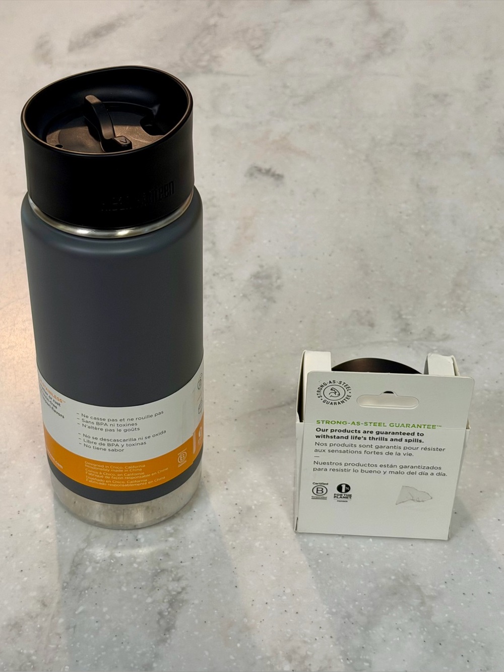 NWT Klean Kanteen Wide Insulated Stainless Steel 16 oz Bottle Gray w/2 Cafe Caps - Picture 3 of 3